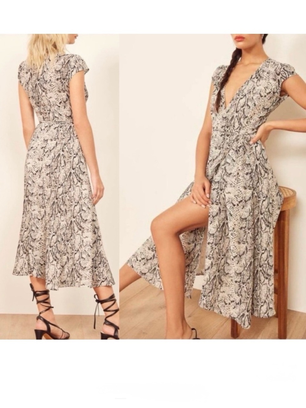 Reformation Black and White Python-Print Wrap Midi Dress